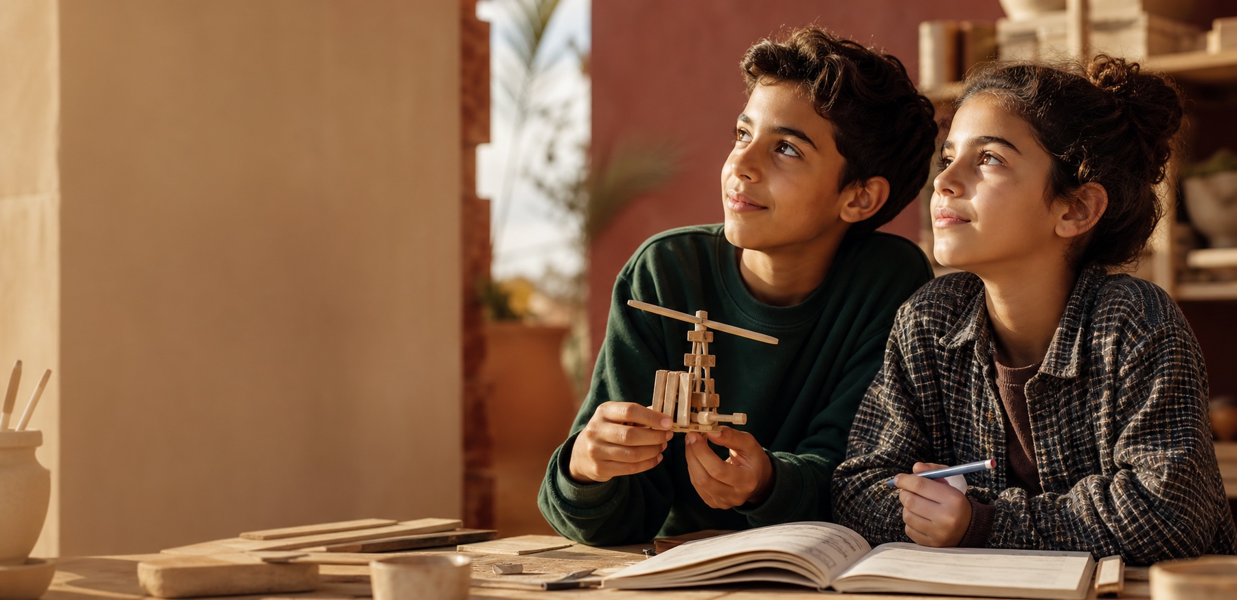 A curious Moroccan boy and girl learning together with a handmade model